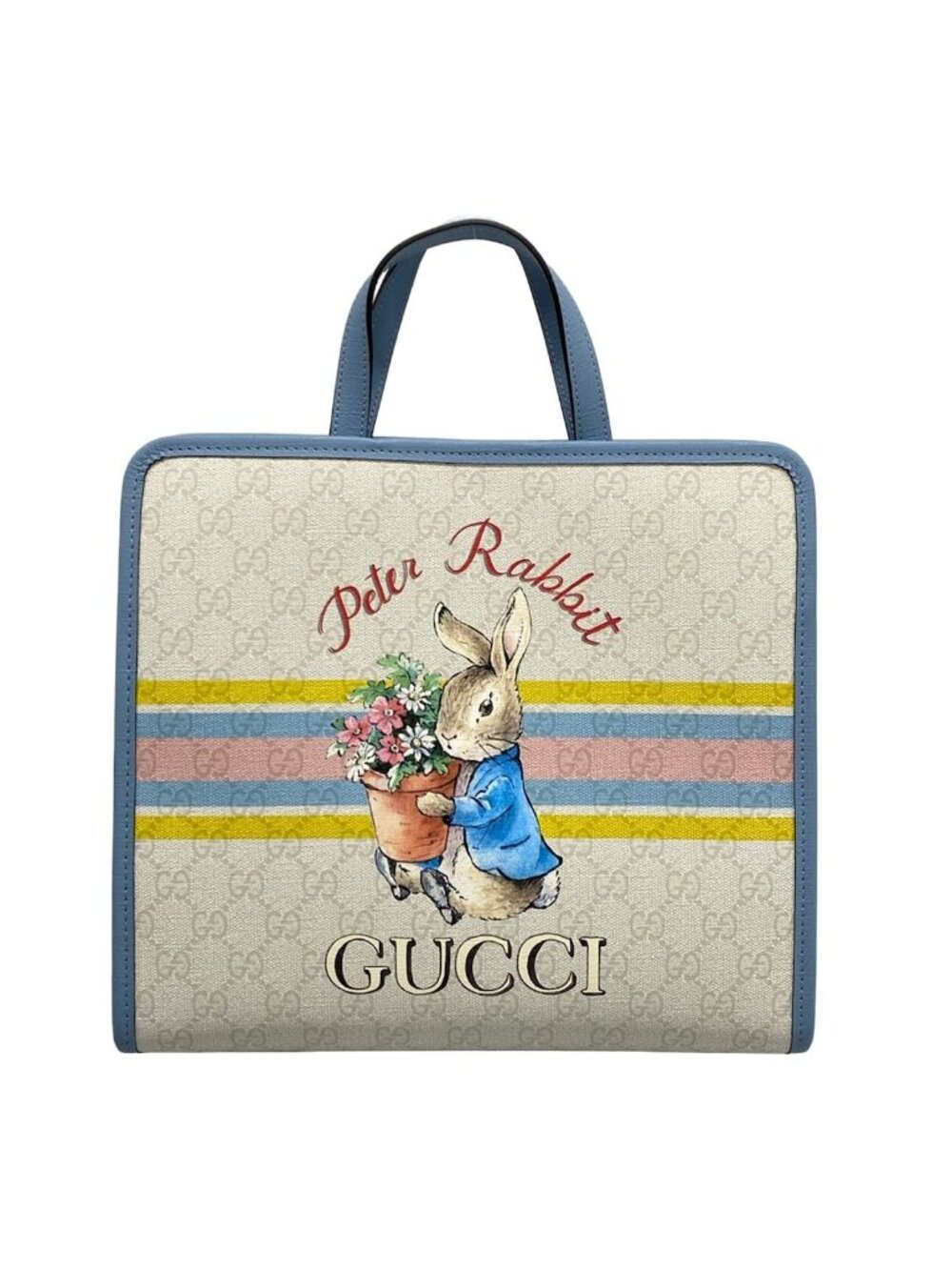 Gucci Tote Children's GG Print Ivory Light Blue Multi Peter Rabbit Leather